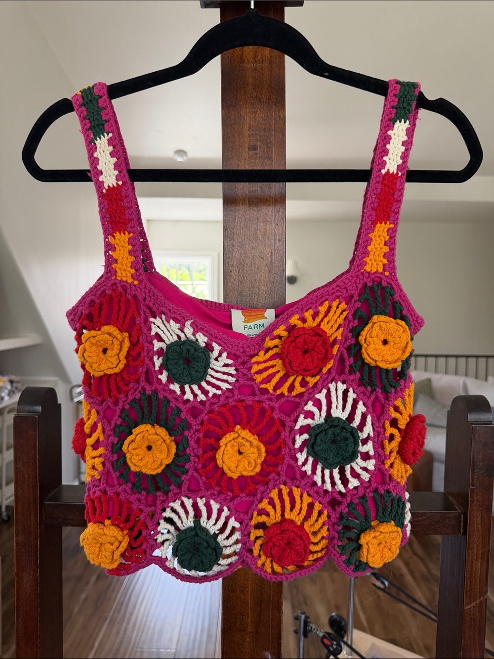 FARM Rio Fuchsia Crochet Floral Crop Top with Yellow, Green & White Accents